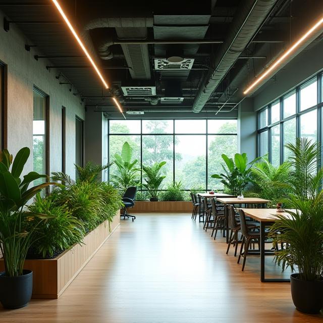 Suasana kantor Sila Odzywiania Hub di Jakarta dengan konsep hijau modern
